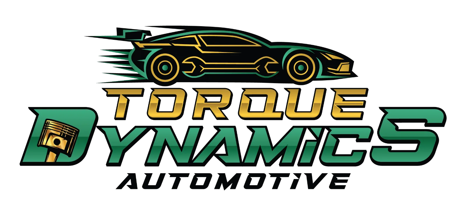 The Torque Dynamics Automotive logo: a green and gold car with a wrench over the name